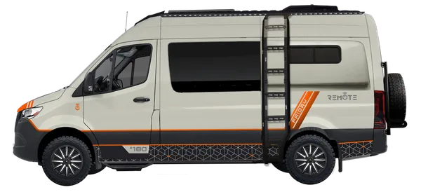 Remote Vans Friday camper van parked on an off-road trail outdoors