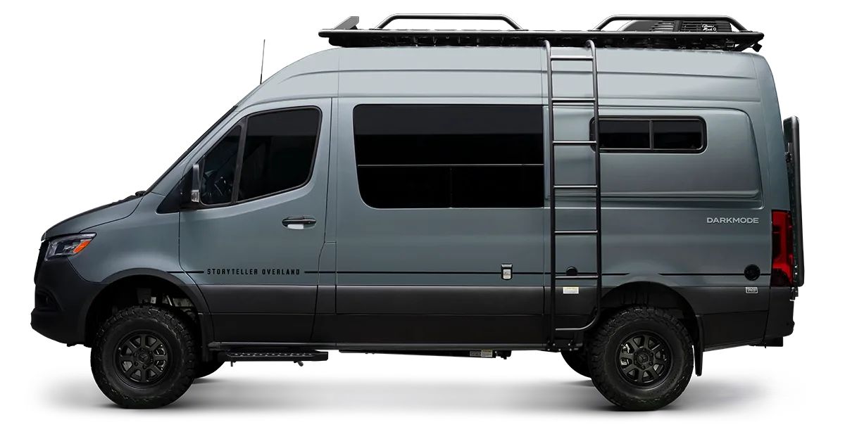 Storyteller Overland Dark Mode camper van parked at an off-road campsite