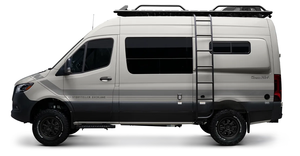 Storyteller Overland Mode camper van parked on a rugged off-road trail