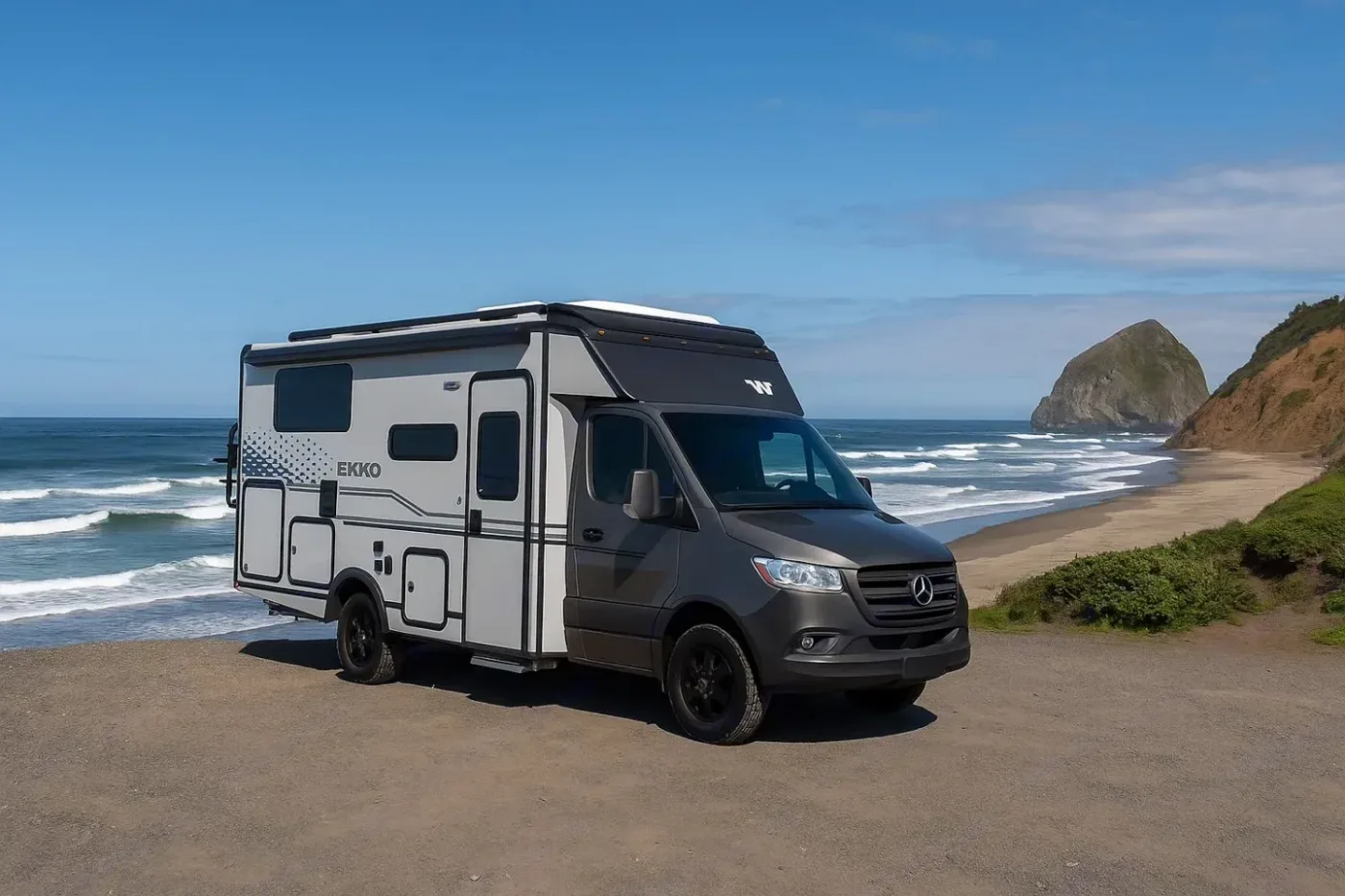 Winnebago EKKO AWD camper van parked at a remote outdoor campsite